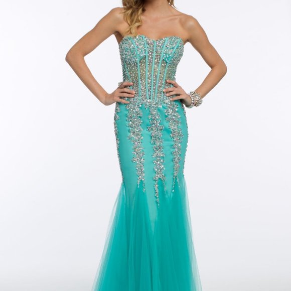 FORMAL TURQUOISE MERMAID PROM DRESS SZ 4 LIKE NEW - Picture 1 of 3